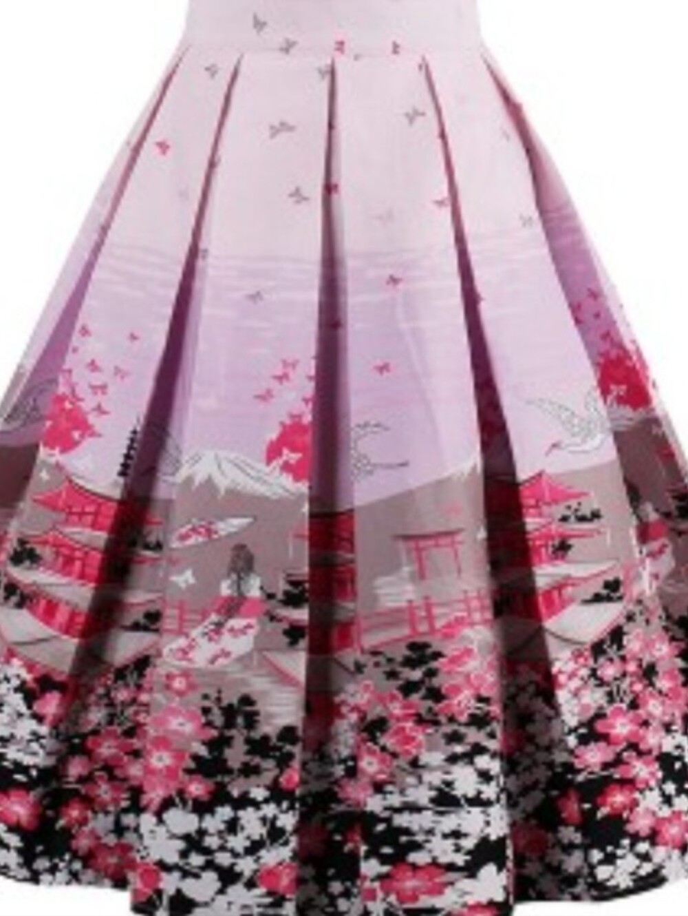 NWOT Cherry Blossom Pleated Midi Swing Skirt Size L Japanese Inspired Gray Pink